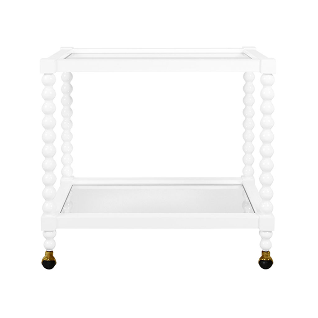 Gloss White Lacquer Spindle Bobbin Ball Rectangle Wood Bar Cart Server