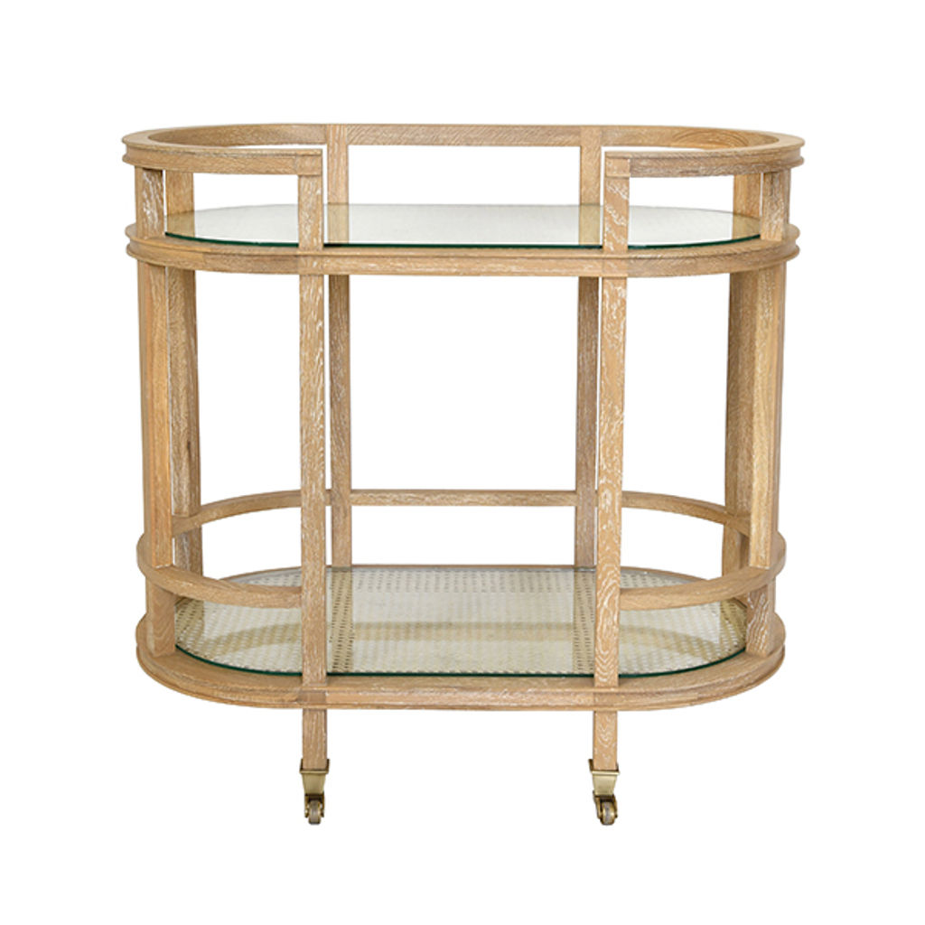 Cerused Solid Oak Wood & Cane Shelves Curved Oval Bar Cart Server