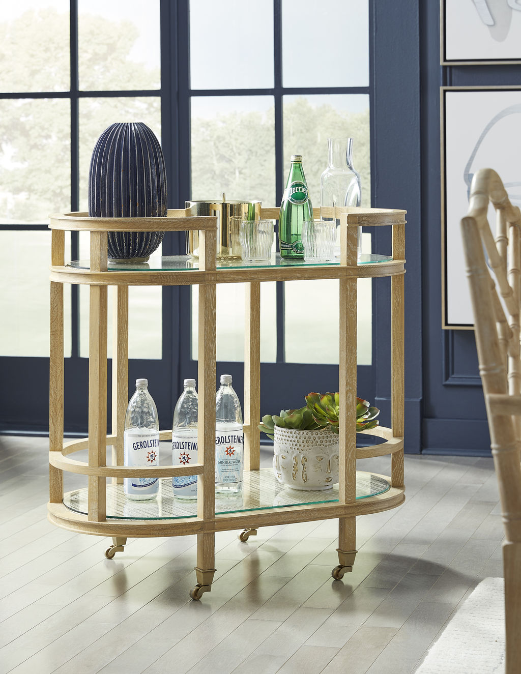 Cerused Solid Oak Wood & Cane Shelves Curved Oval Bar Cart Server
