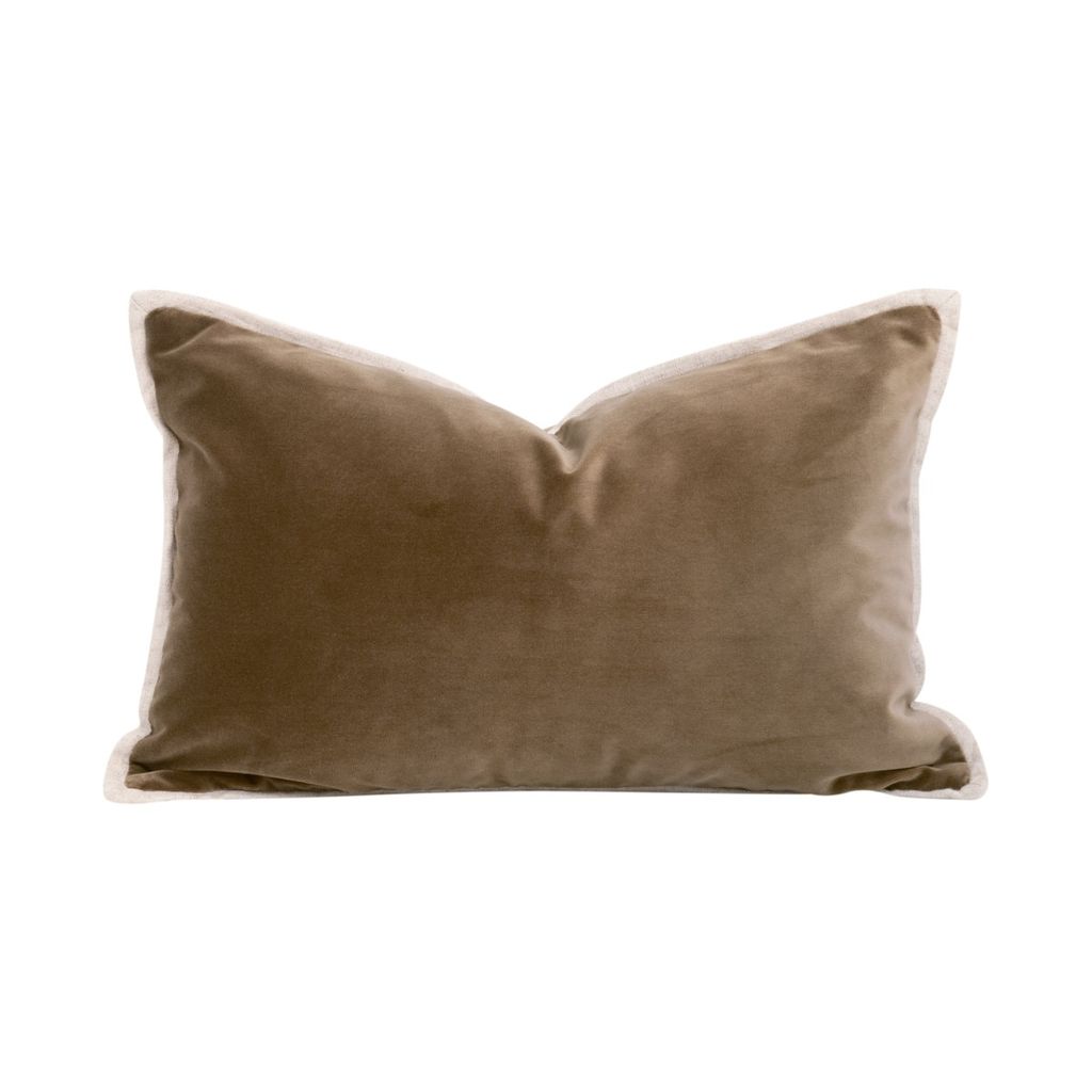 20" Essential Lumbar Pillow Set Of 2, Caramel Velvet And Jute Flat Piping