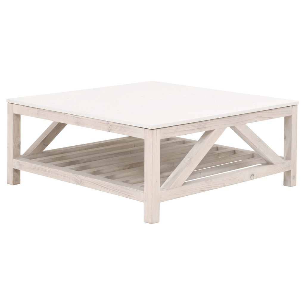 Spruce Square Coffee Table, White Wash Pine And White Quartz