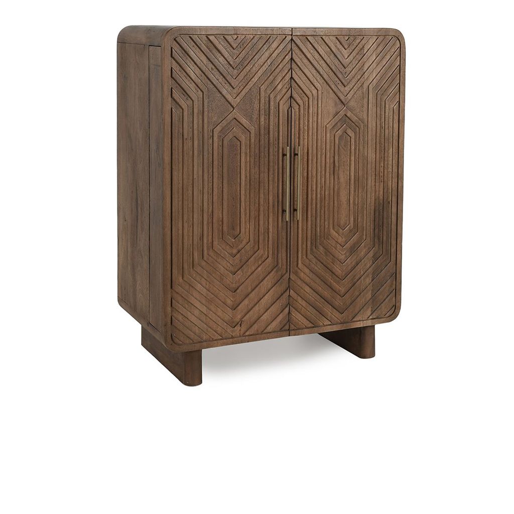 Preview image for Brown Art Deco Style Carved Solid Mango Wood Bar Cabinet with Wine Storage 36 inch