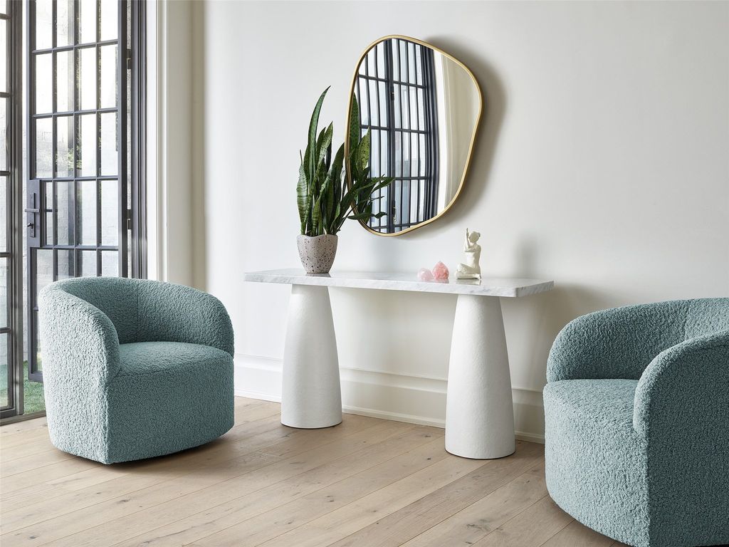 Modern Console with Textured White Finish, Marble Tabletop