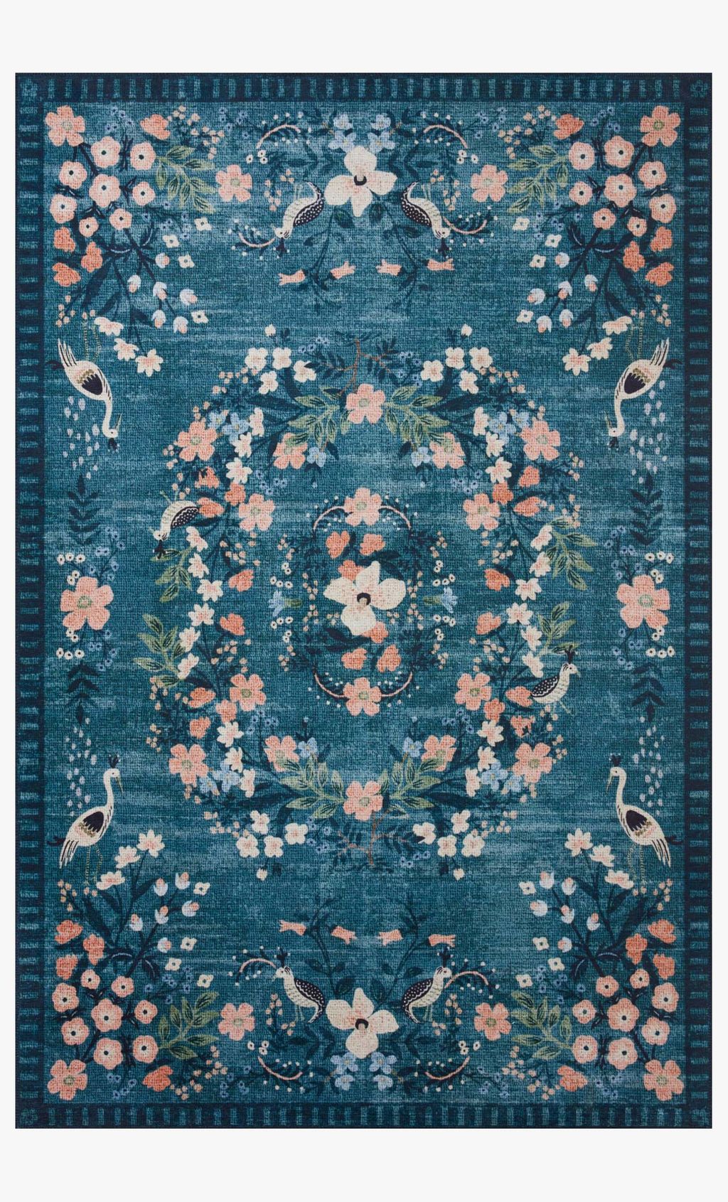 Preview image for Rifle Paper Co. Floral Area Rug Teal 7' 6" X 9' 6"