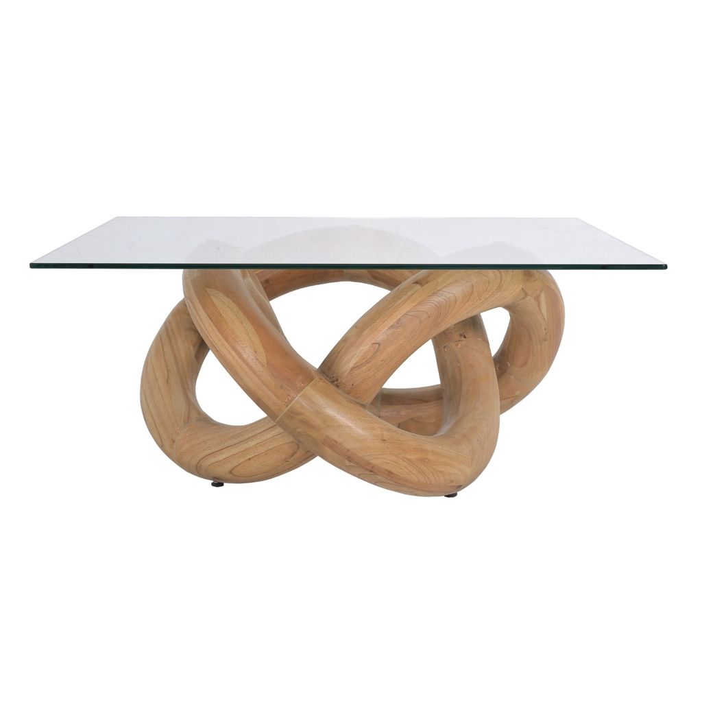 Preview image for Sculptural Wood Natural Infinity Knot Coffee Table Square Glass Top 36 inch