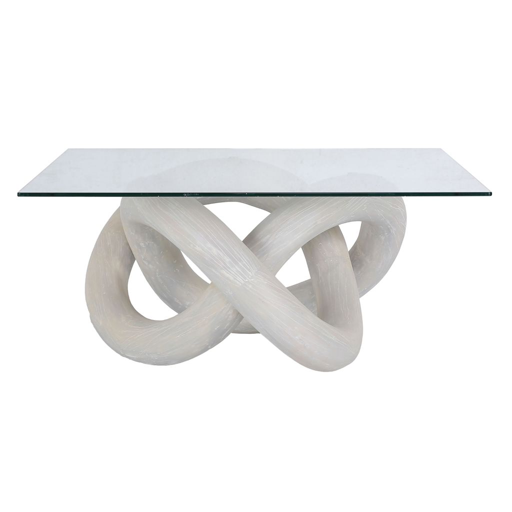 Preview image for Sculptural Wood White Infinity Knot Coffee Table Square Glass Top 36 inch