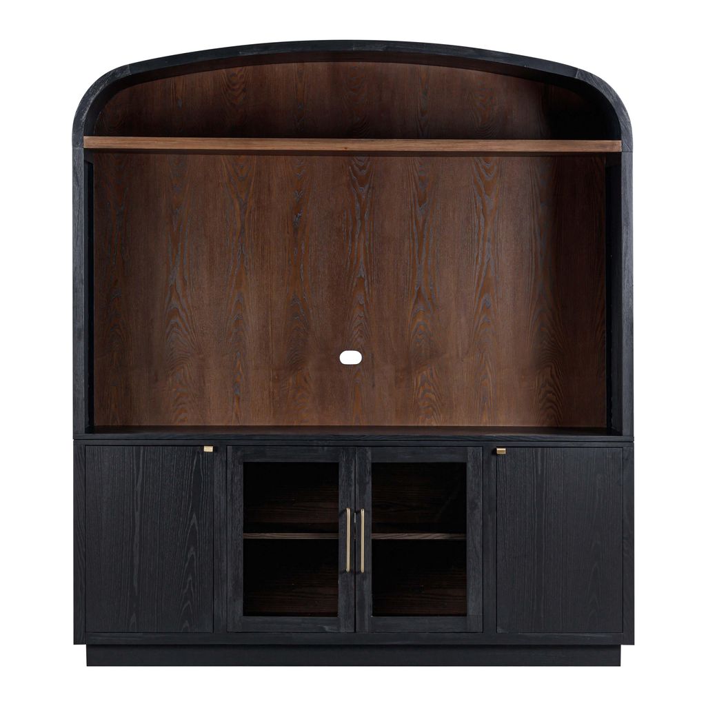 Preview image for Curved Top Hutch Black Wood Entertainment Center Media Cabinet with Glass Doors 77 inch