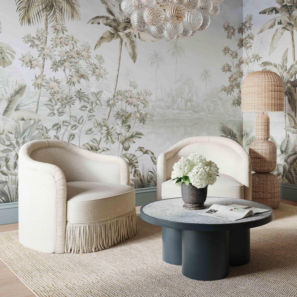 Living Room Tassel Lounge Chair, Cream Boucle
