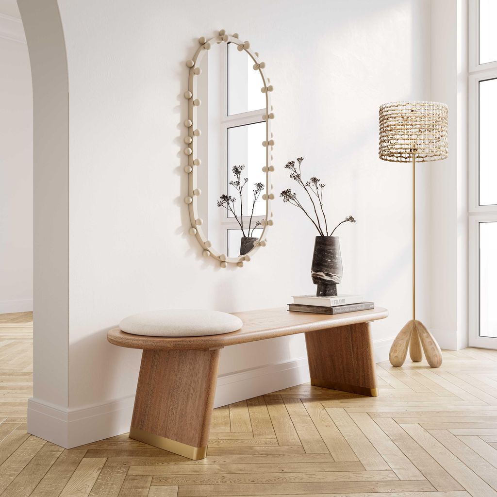 Samantha Cognac Acacia Bench With Boucle Seat