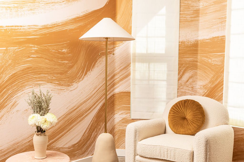 Maia Floor Lamp 23.5" X 67", Aged Brass And Textured Beige