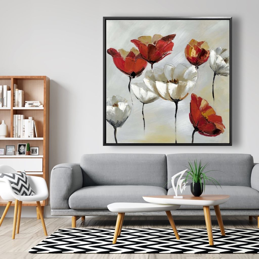 Abstract Red And White Flowers 49 X 49, Framed Stretched Canvas