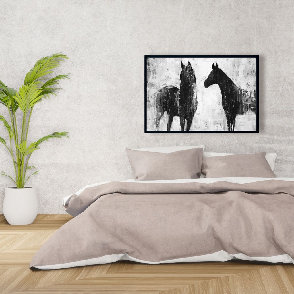 Black And White Horses 25.26 X 37.26, Framed Stretched Canvas