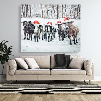 Curious Christmas Cows 48 X 60, Stretched Canvas Unframed