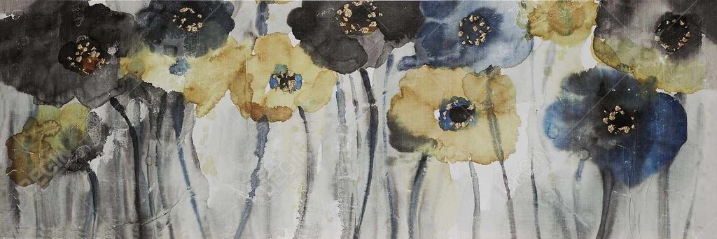 Gray Blue And Yellow Flowers 16 X 48, Stretched Canvas