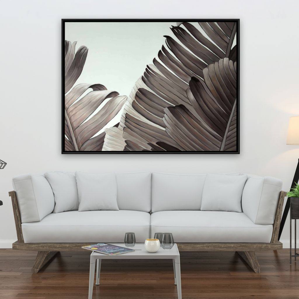 Grayscale Tropical Leaves 37.26 X 49.26, Framed Stretched Canvas