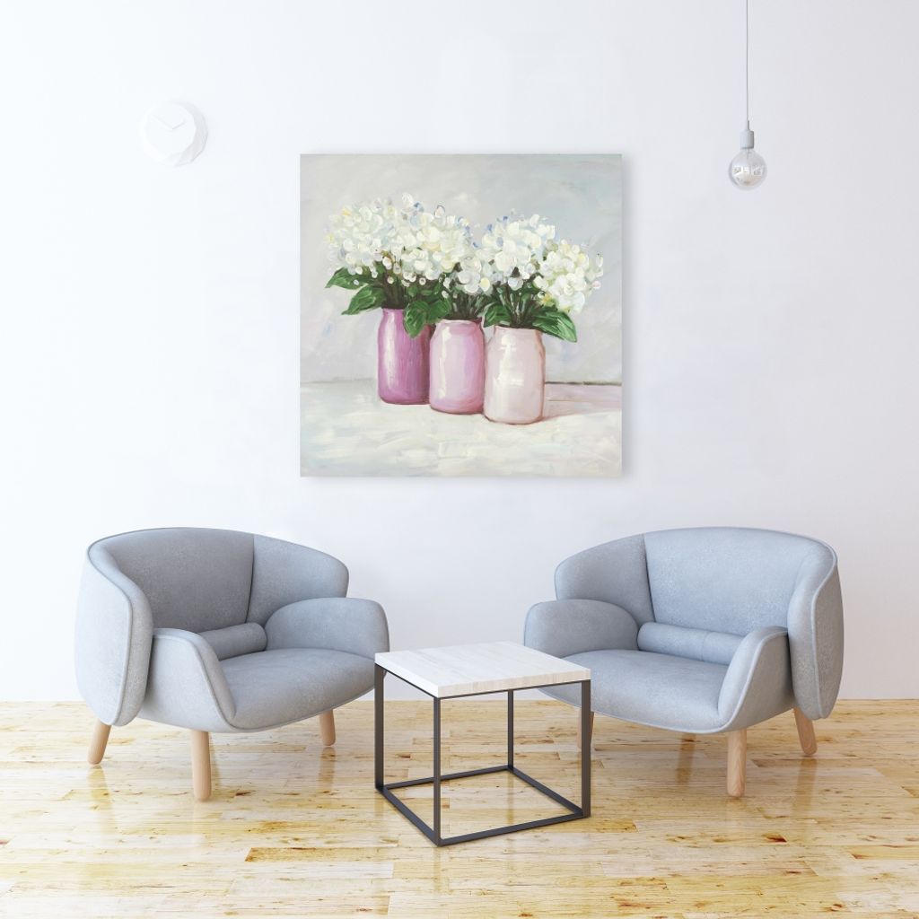 Hydrangea Flowers In Pink Vases 36 X 36, Stretched Canvas Unframed