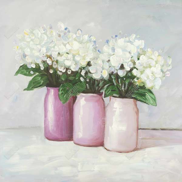 Hydrangea Flowers In Pink Vases 36 X 36, Stretched Canvas Unframed