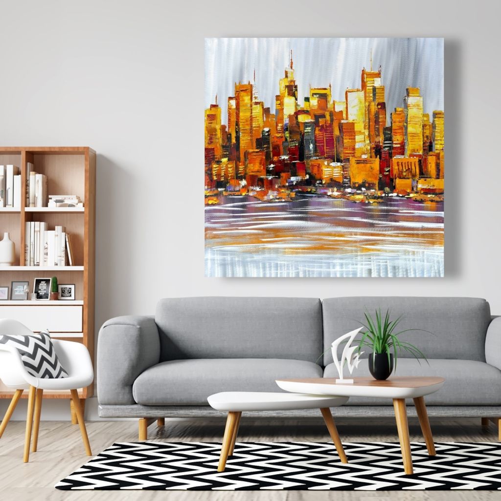Orange Buildings 48 X 48, Stretched Canvas Unframed