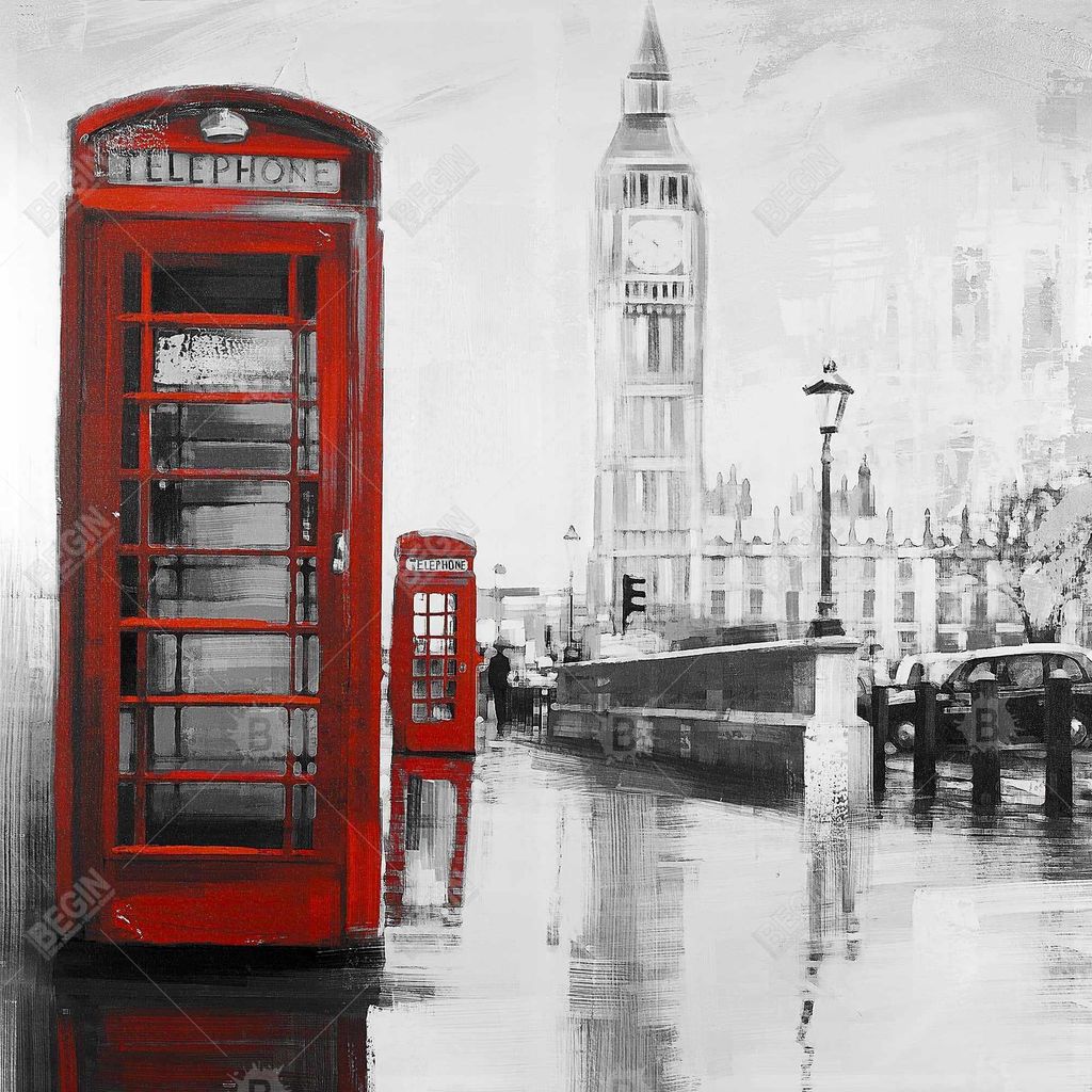 Preview image for Red Phonebooth With The Big Ben 48 X 60, Stretched Canvas Unframed