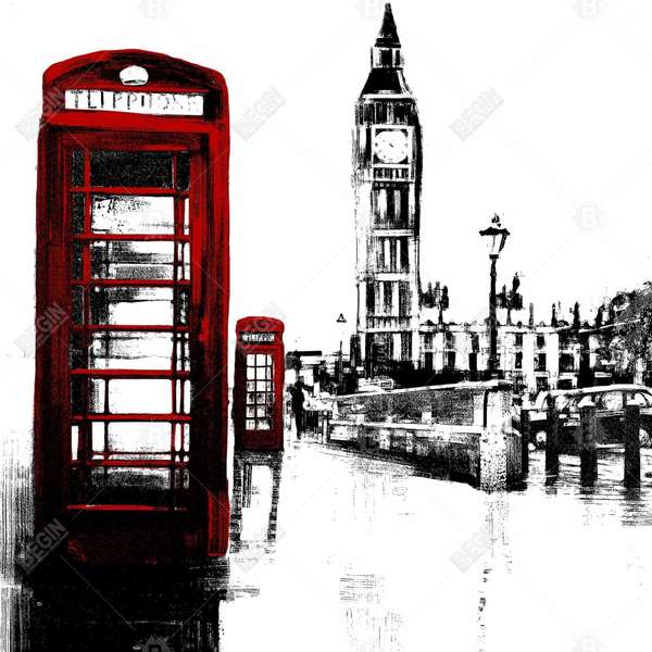 Telephone Box And Big Ben Of London 49 X 49, Framed Stretched Canvas