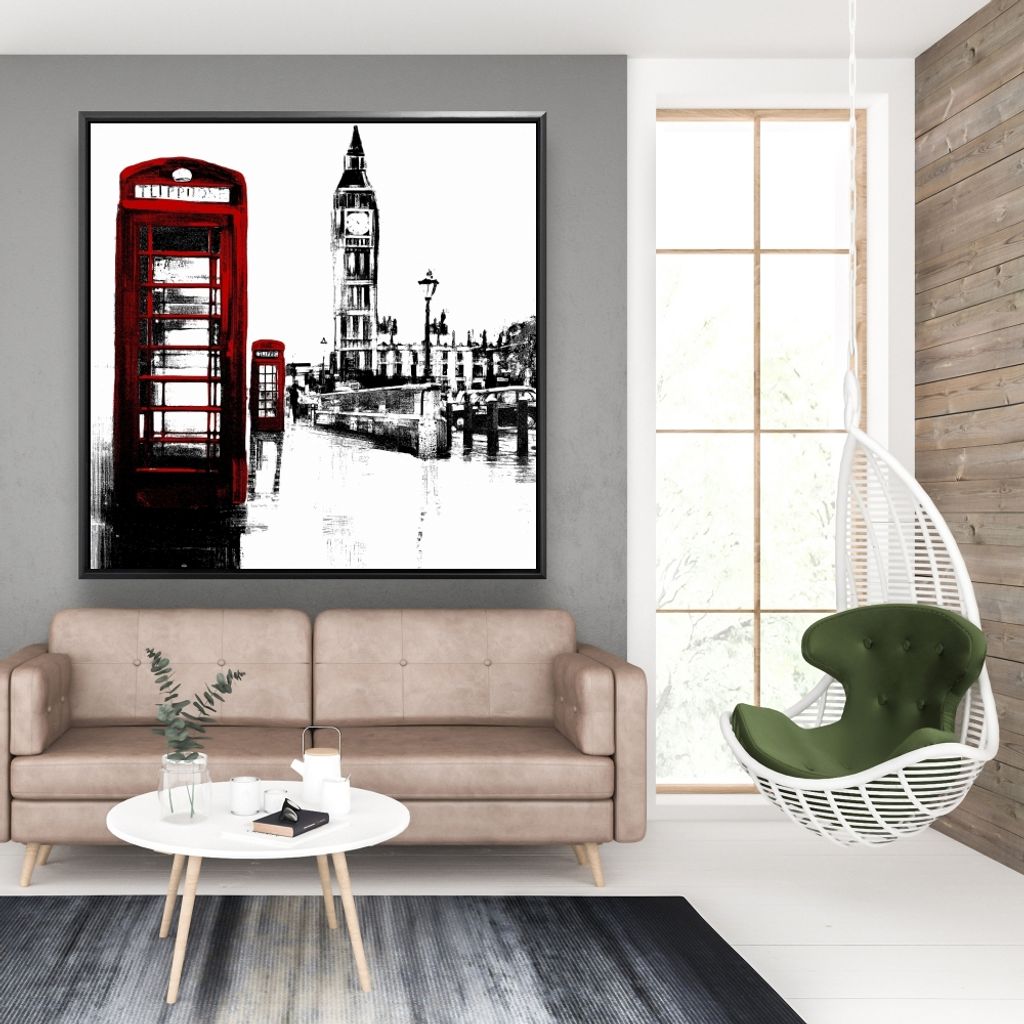 Telephone Box And Big Ben Of London 49 X 49, Framed Stretched Canvas