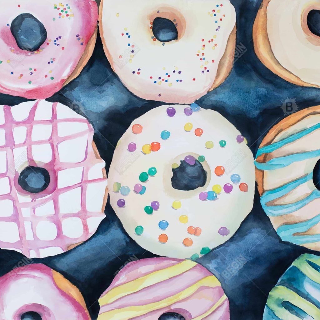 Watercolor Delicious Looking Doughtnuts 16 X 48, Stretched Canvas Unframed