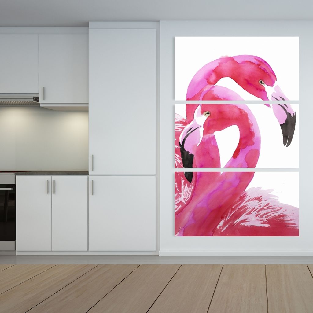 Watercolor Flamingo Love 39.5 X 59.5, Triptych 3-Piece Stretched Canvas