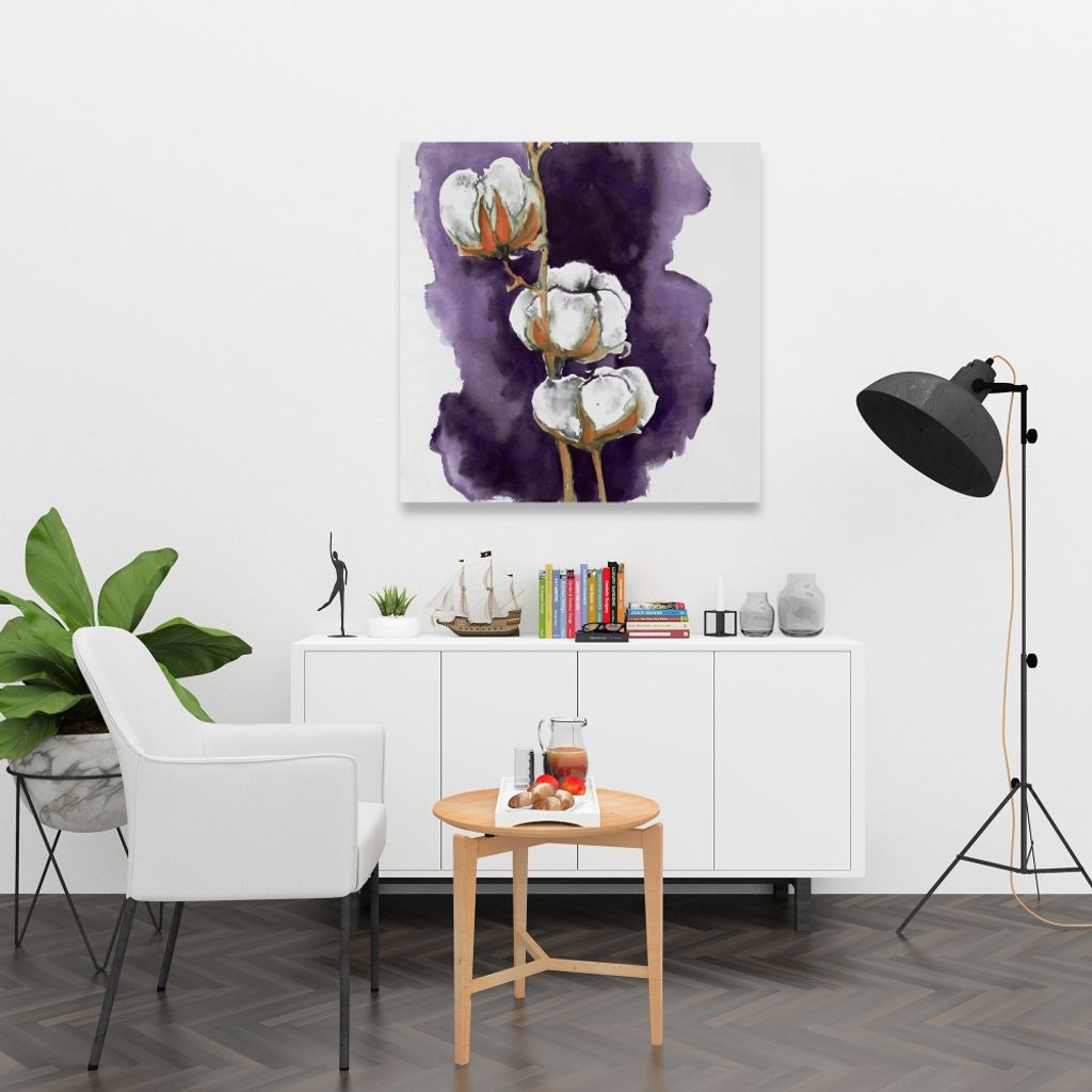 Watercolor Purple Cotton Flowers 36 X 36, Stretched Canvas Unframed