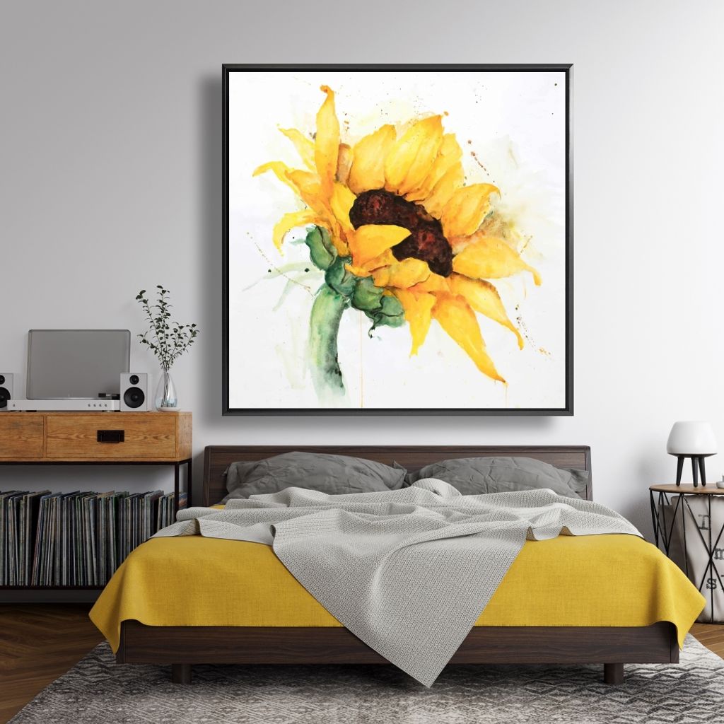 Watercolor Sunflower With Paint Splash 49 X 49, Framed Stretched Canvas