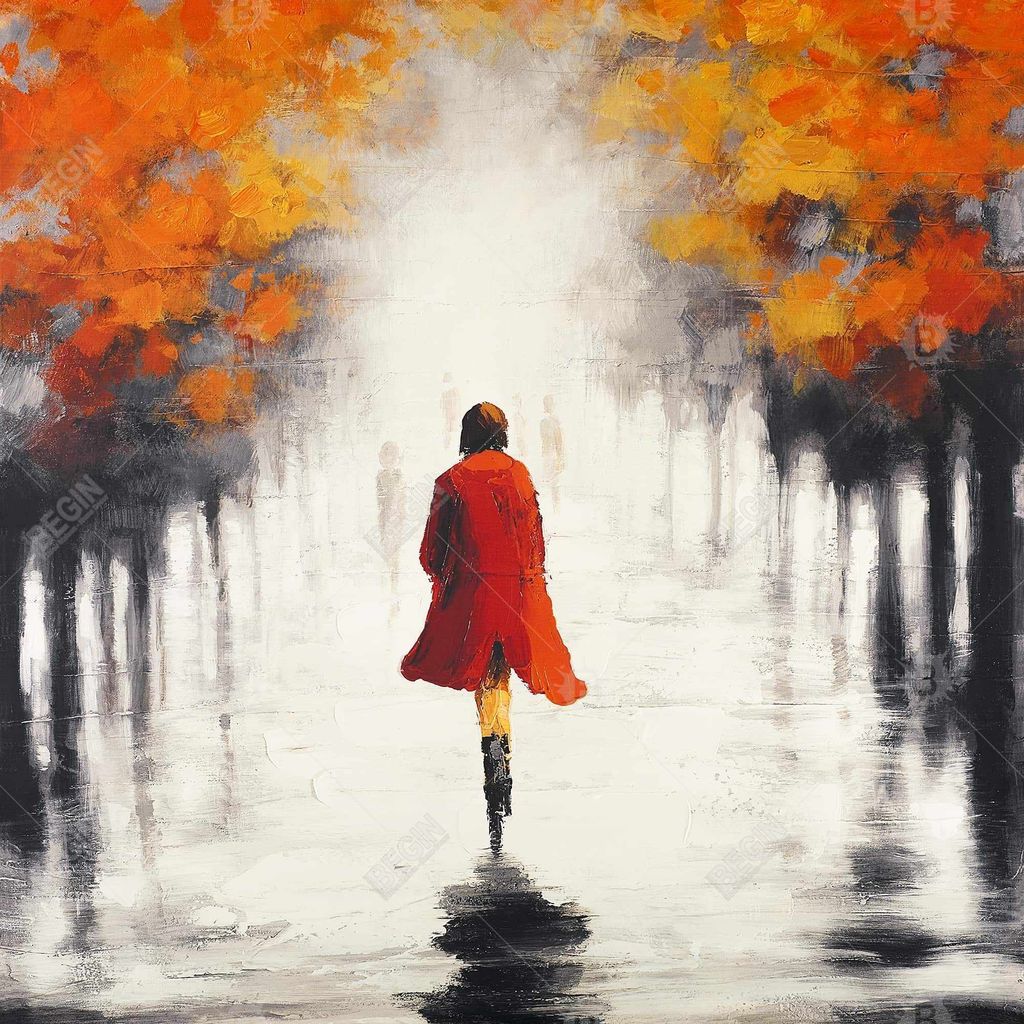 Preview image for Woman With A Red Coat By Fall 49 X 49, Framed Stretched Canvas