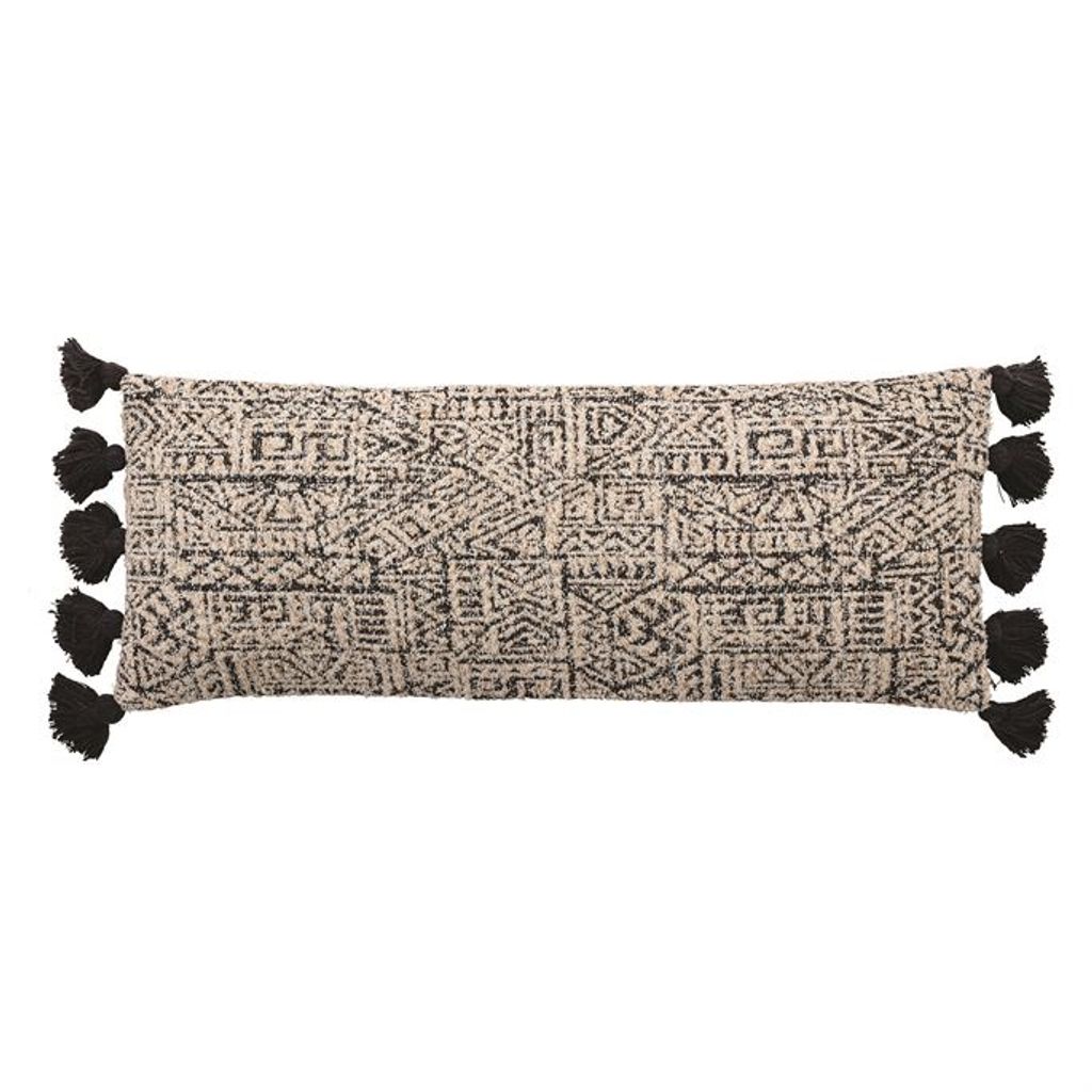 Preview image for 36,X 14,Woven Cotton Patterned Lumbar Pillow W/ Tassels, Black & Natural