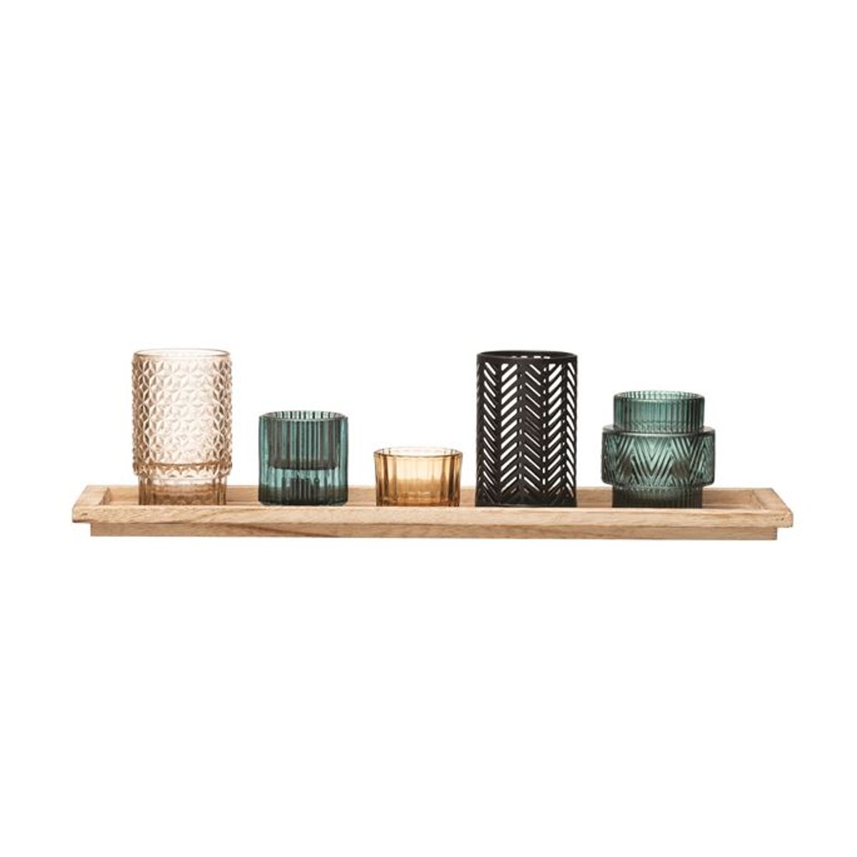Embossed Glass & Metal Tealight/Votive Holders W/ Wood Tray, Multi Color, Set Of 6