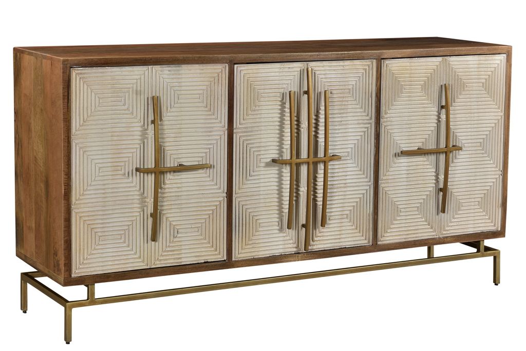 Mango Wood 3 White Pattern Door Sideboard With Unique Antique Gold Hardware