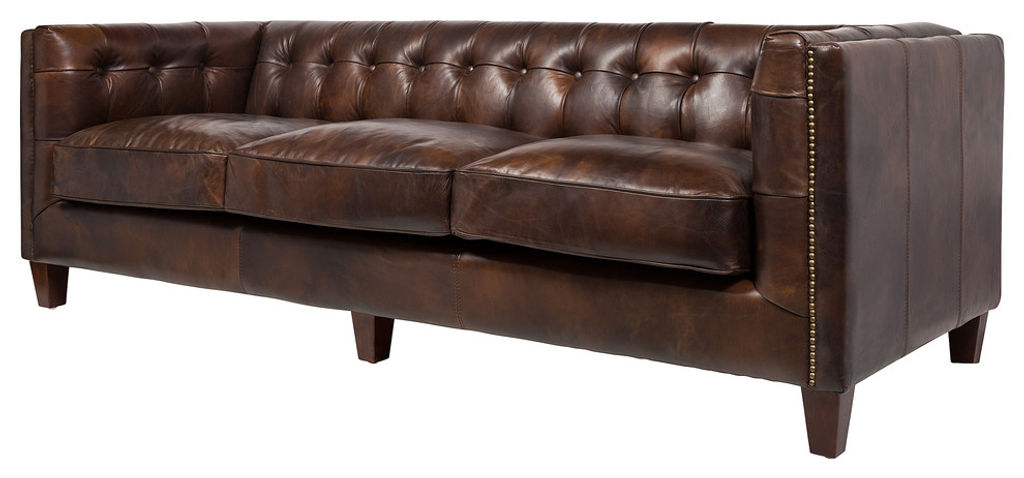 Preview image for Brown Leather Tufted 3 Seat Sofa with Nailheads 82"