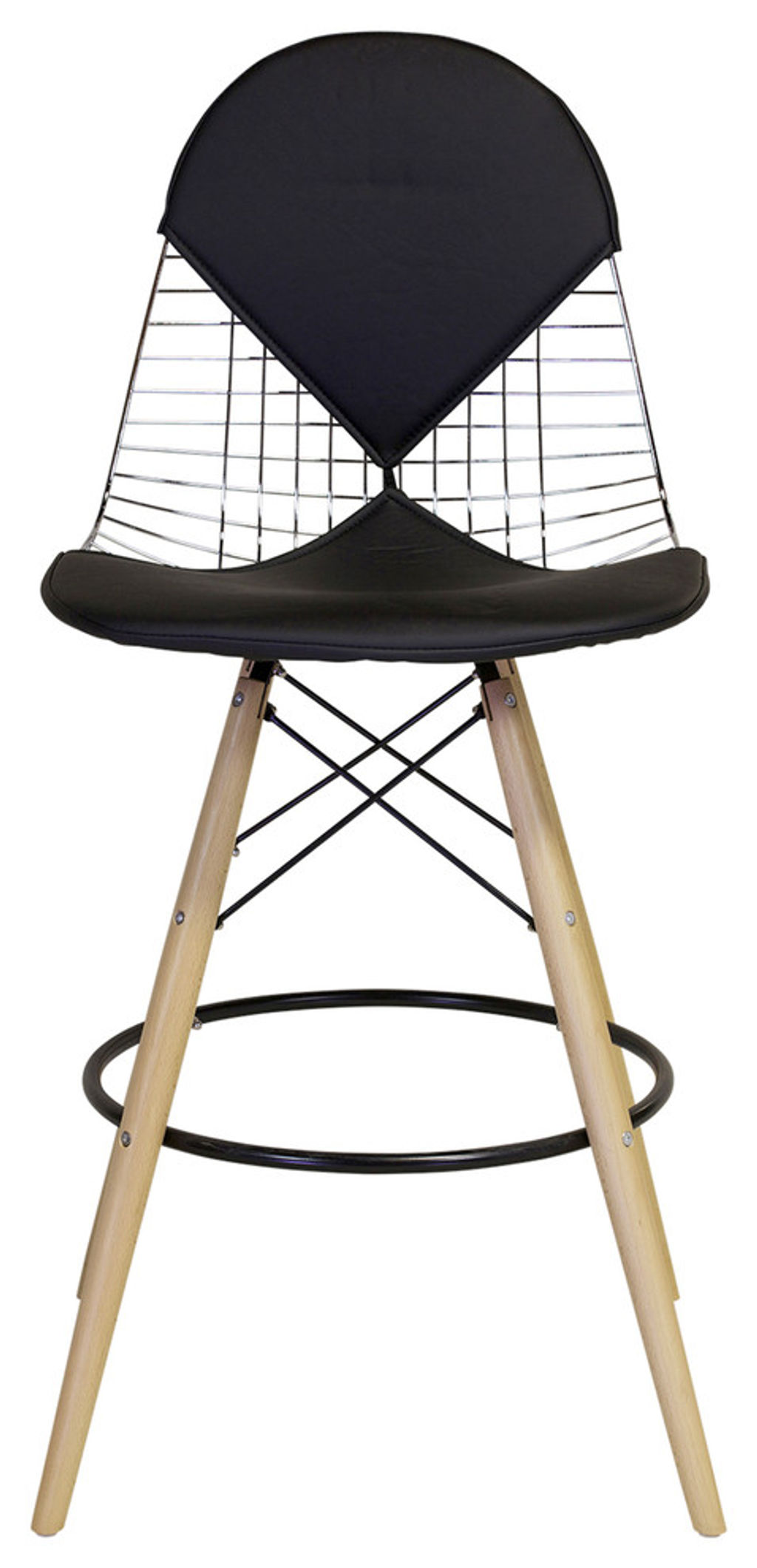 Preview image for Midcentury Modern Dsw Black Leather Counter Stool With Wooden Dowel Legs