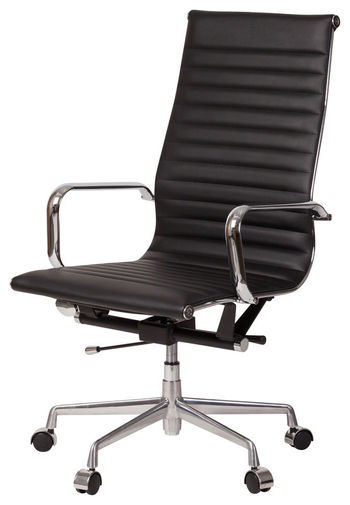 Modern Ridged High Back Office Chair, Black Leather