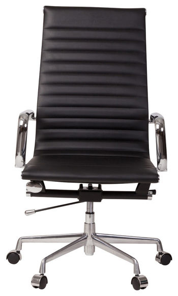 Modern Ridged High Back Office Chair, Black Leather