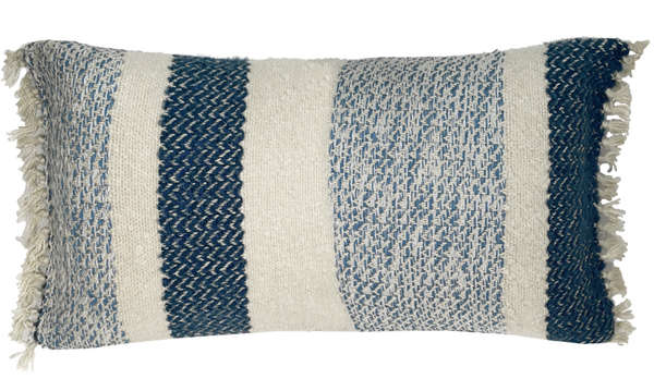Blue & Off-white Wool Pillow With Stripe Pattern And Tassels 14"X24"