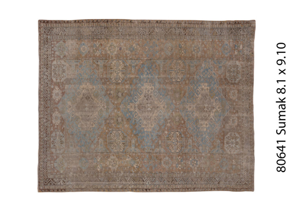 Preview image for Antique Sumak Carpet, Light Brown And Baby Blue Field, Lightly Distressed