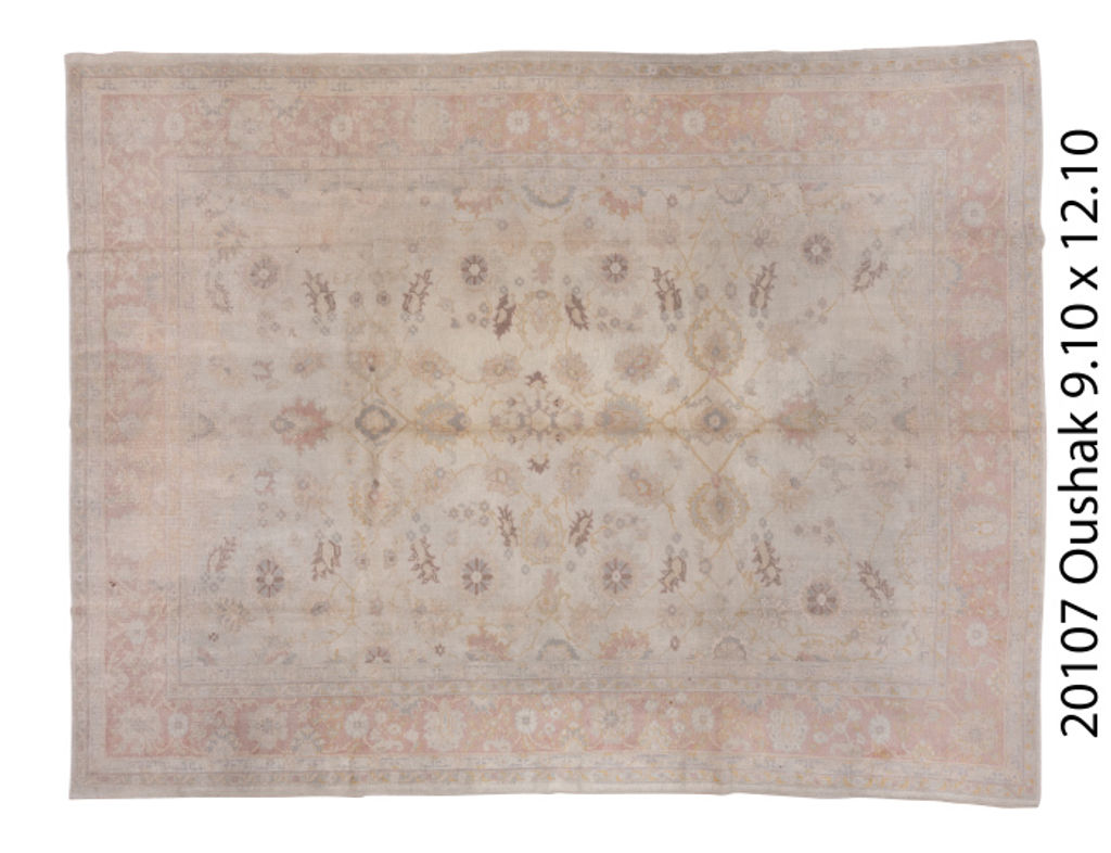 Preview image for Gray Oushak Carpet, Gray Field, Pink Borders, All-Over Field, Soft Tones