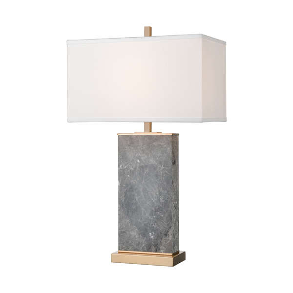 Archean Table Lamp In Grey Marble And Cafe Bronze With A White Linen Shade