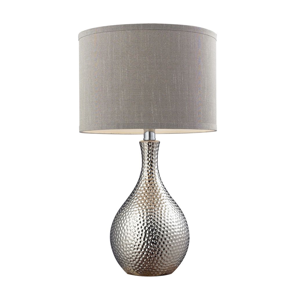 Hammered Chrome-Plated Table Lamp With Grey Faux Silk Shade