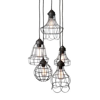 Wire 5-Light Mini Pendant With Wire Cages In Five Shapes