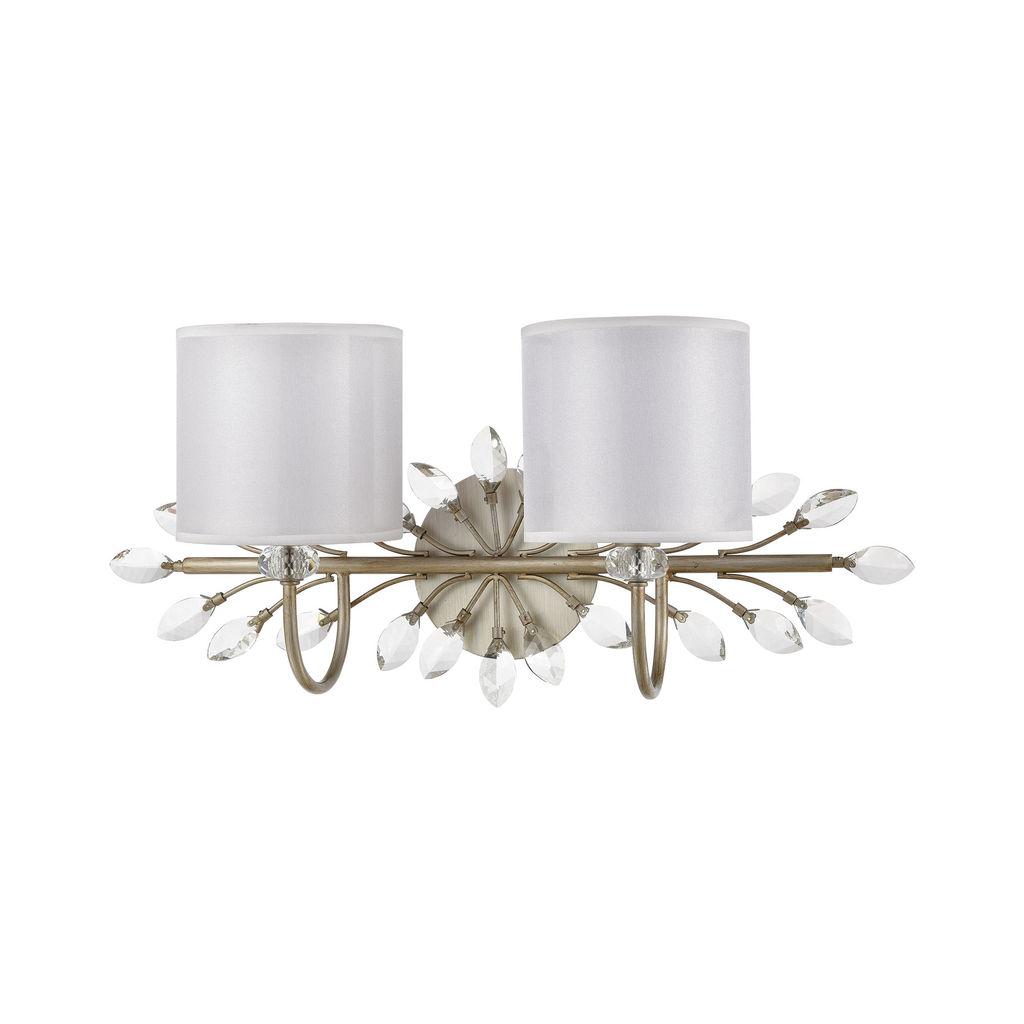 Asbury 2-Light Vanity Light In Aged Silver With White Fabric Shade Inside Silver Organza Shade