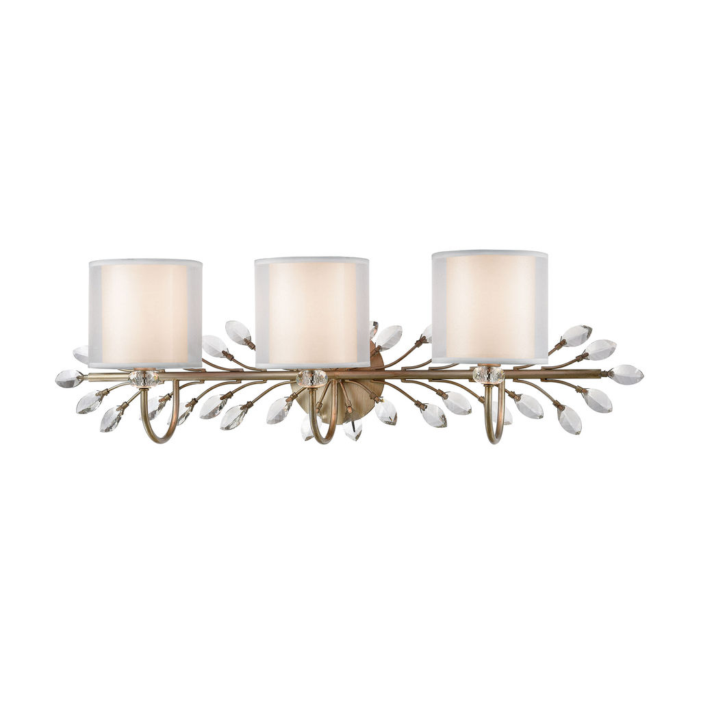 Asbury 3-Light Vanity Light In Aged Silver With White Fabric Shade Inside Silver Organza Shade