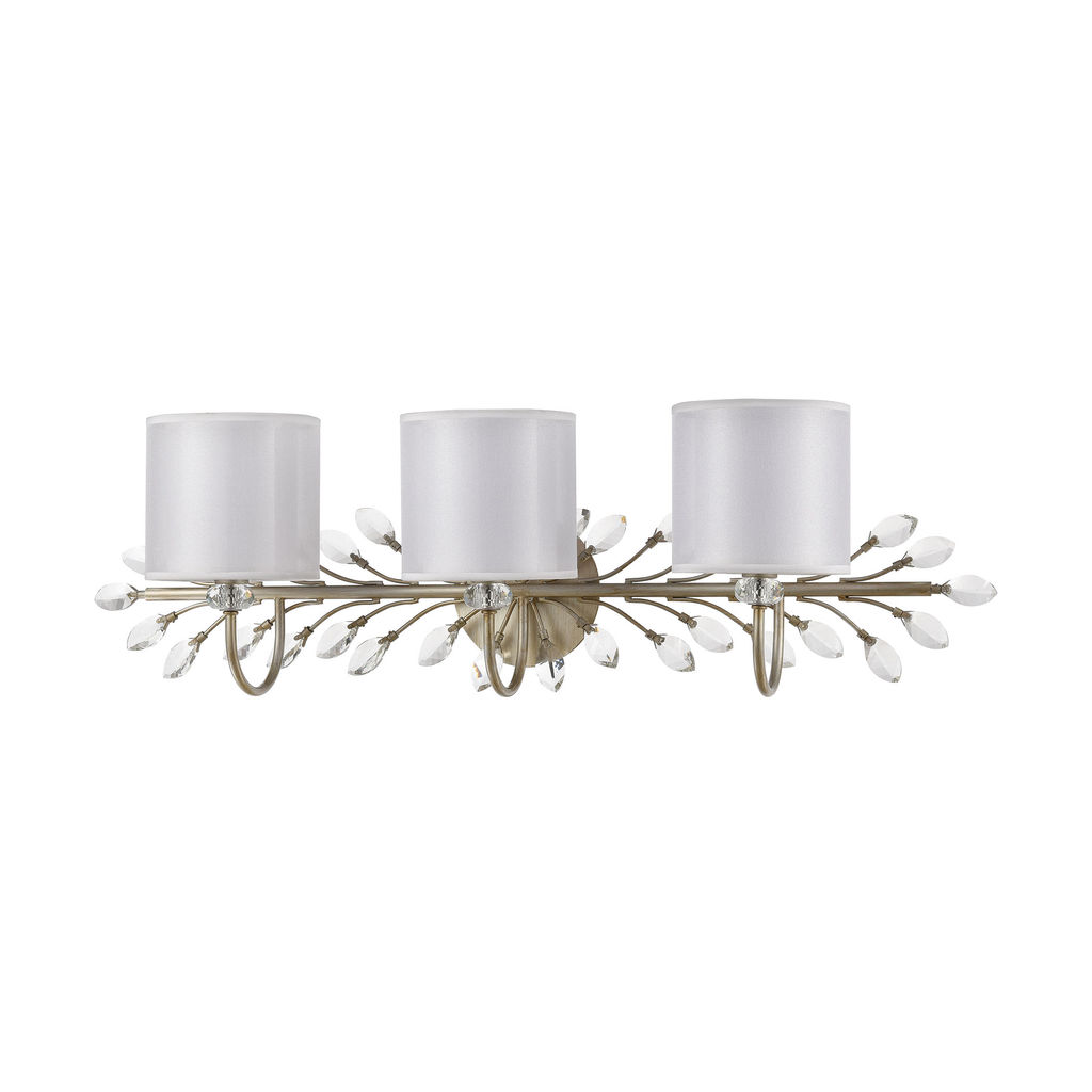 Asbury 3-Light Vanity Light In Aged Silver With White Fabric Shade Inside Silver Organza Shade