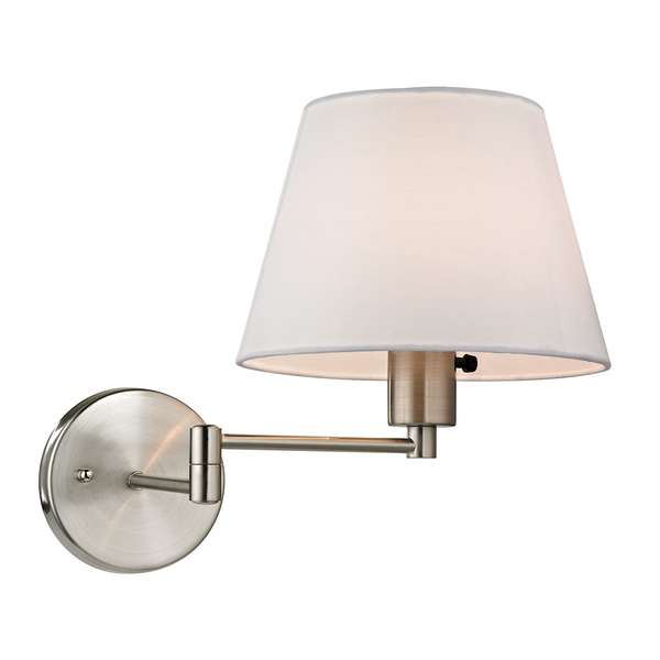 Avenal 1-Light Swingarm Wall Lamp In Brushed Nickel With White Fabric Shade