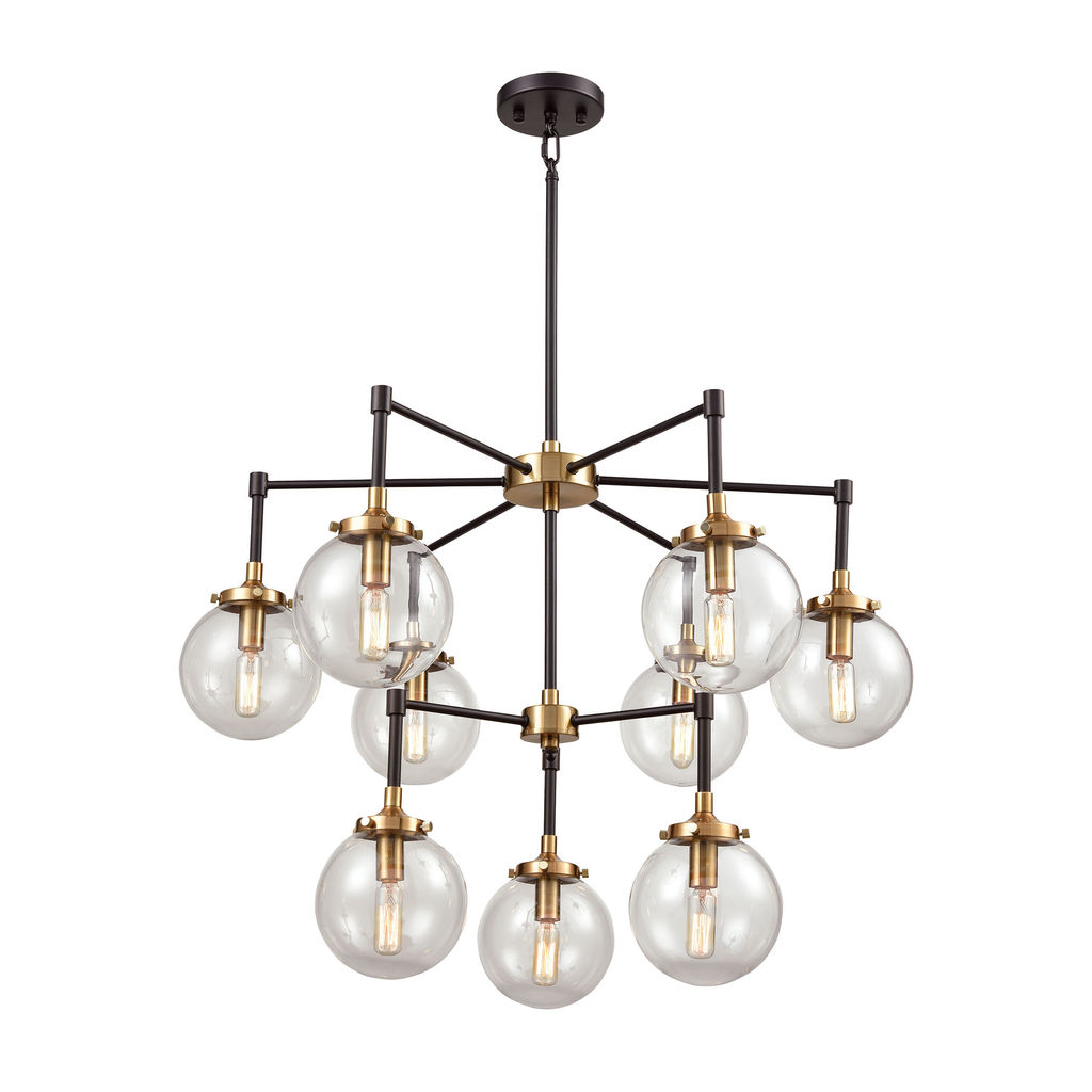 Boudreaux 9-Light Chandelier In Matte Black And Antique Gold With Sphere-Shaped Glass