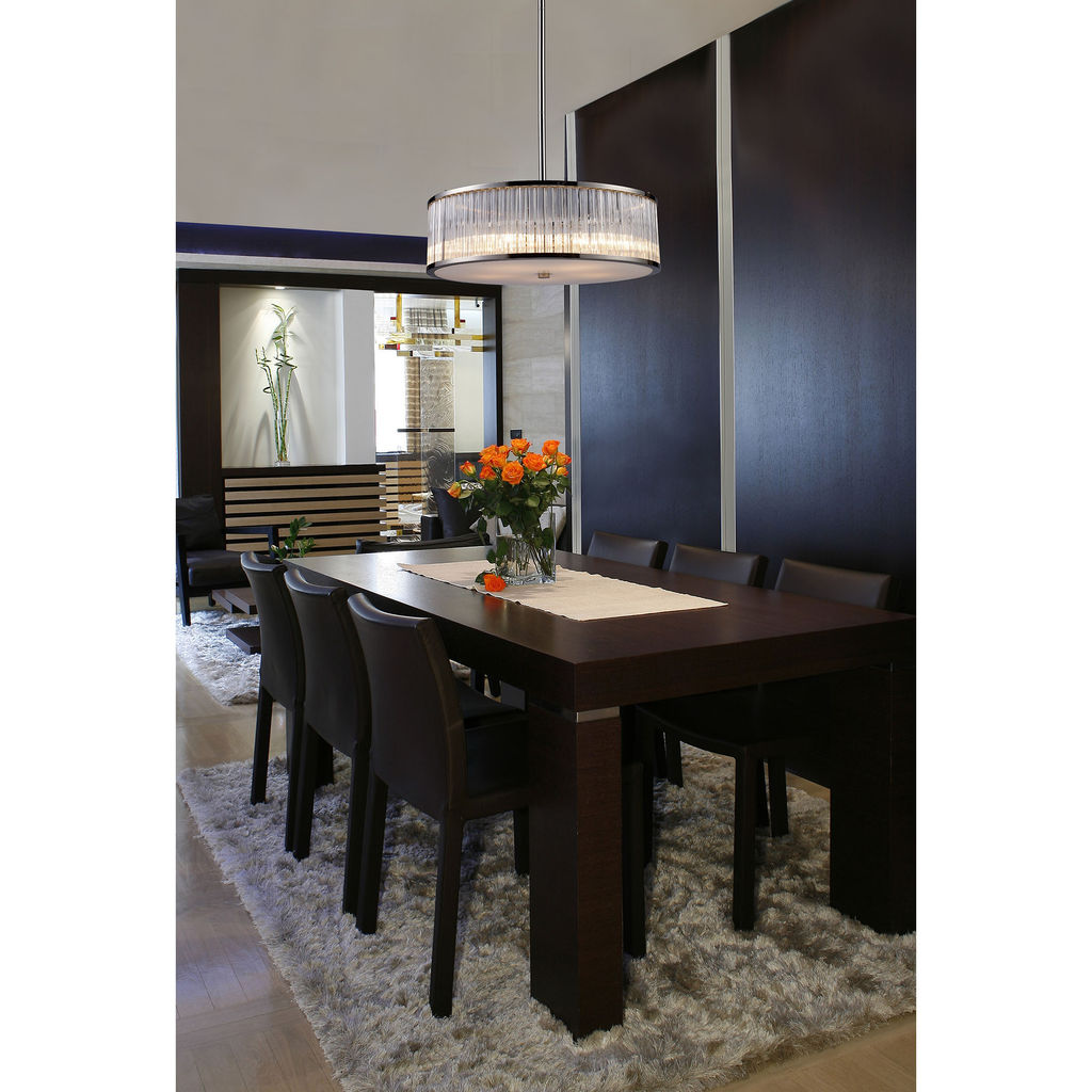 5-Light Chandelier In Polished Nickel With Ribbed Glass Cylinder Shade