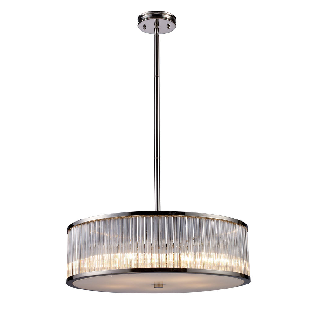 5-Light Chandelier In Polished Nickel With Ribbed Glass Cylinder Shade